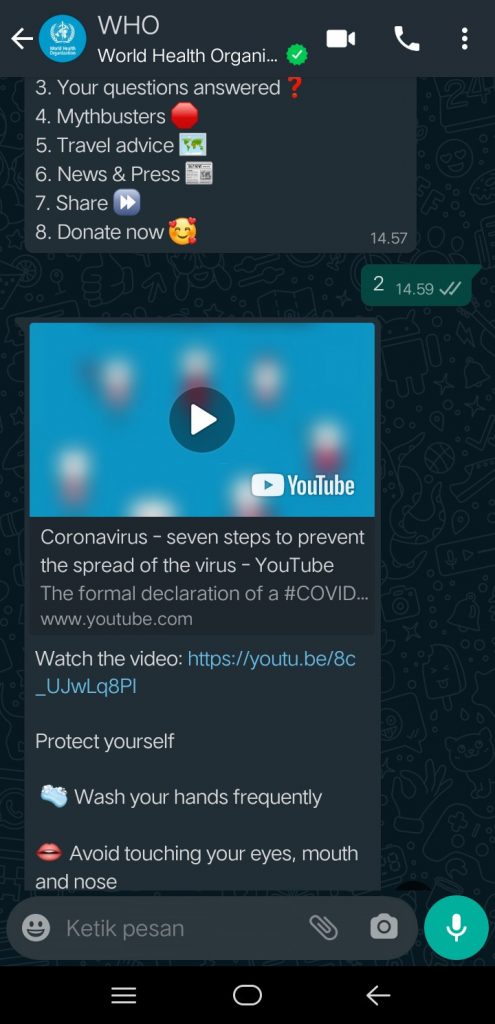Image 2 Update COVID-19: Bot WhatsApp WHO Mengirimi Anda Fakta Virus Corona