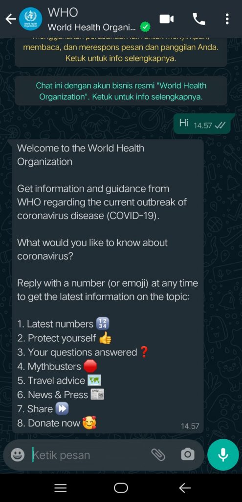 Image 3 Update COVID-19: Bot WhatsApp WHO Mengirimi Anda Fakta Virus Corona