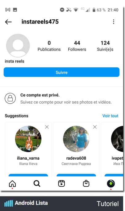 Compte privé Instagram avec une référence à Insta Reels