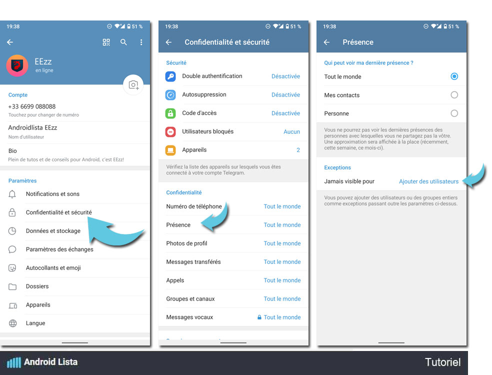Tuto Android pour cacher sa présence sur Telegram 