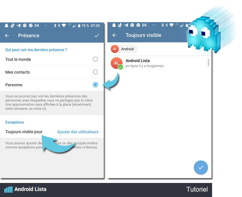 Tuto Android pour sélectionner qui peut voir votre présence sur Telegram