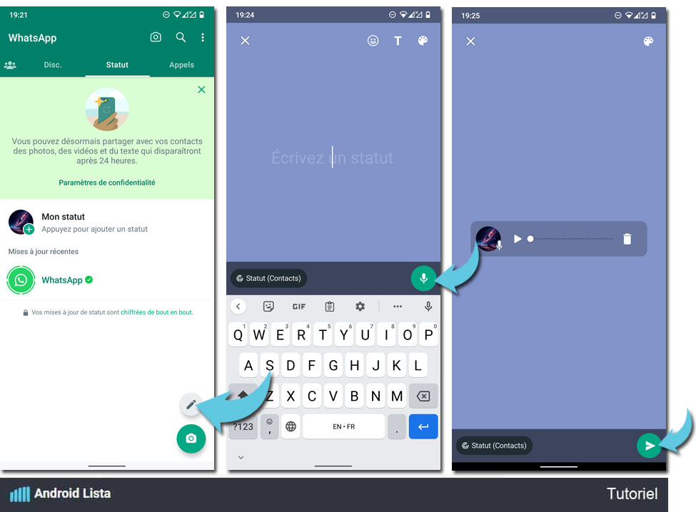 Tuto Android pour enregistrer un message vocal sur le statut WhatsApp