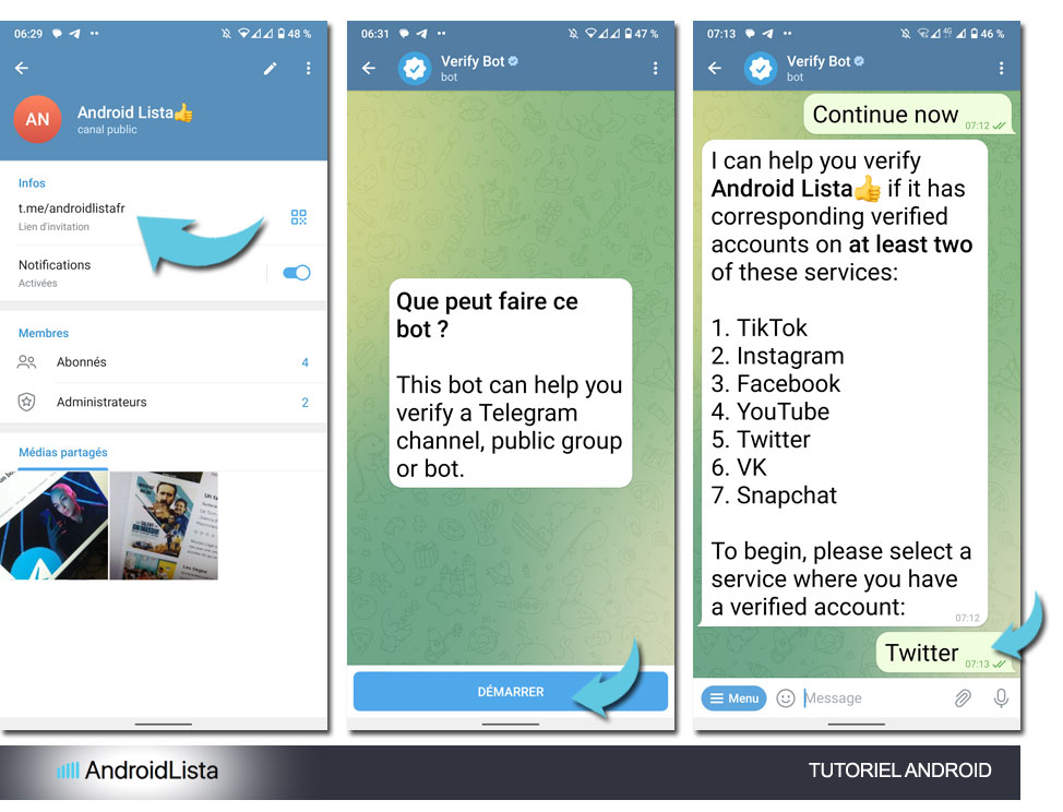 Exemple de vérification d'un compte Telegram sur Android