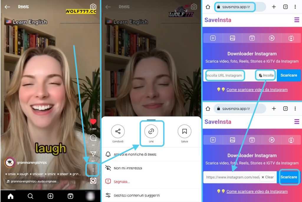 Procedura per scaricare i reel da Instagram con saveinsta.app - parte 1