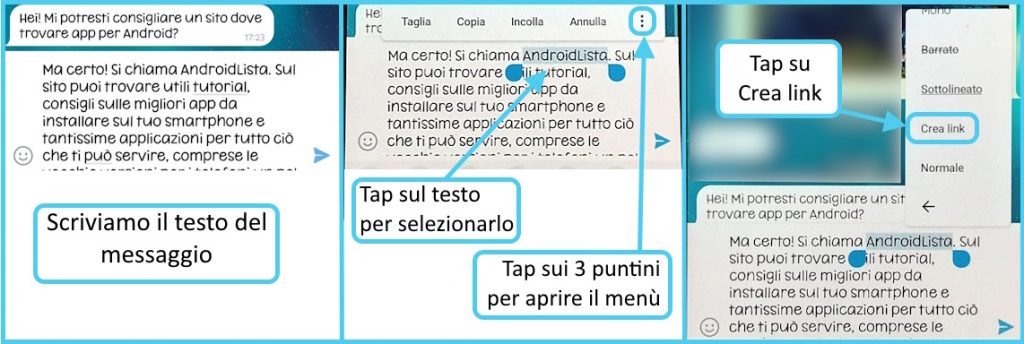 Prima parte della procedura per aggiungere un collegamento ipertestuale in un messaggio di Telegram