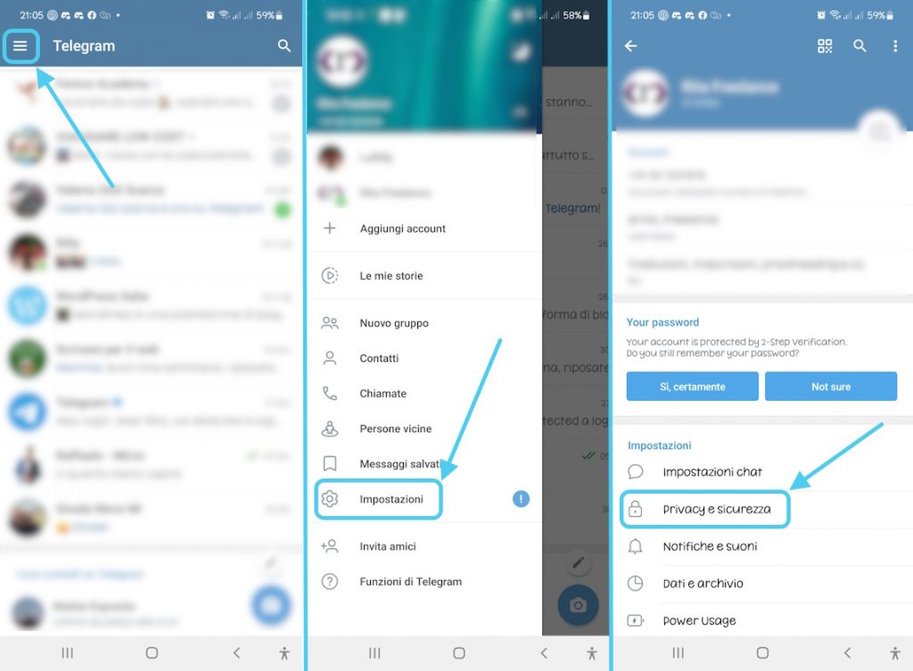 Passaggi per accedere alla sezione Privacy e sicurezza di Telegram