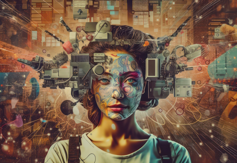 Immagine di una ragazza con il viso colorato e testa armata generata dall'intelligenza artificiale